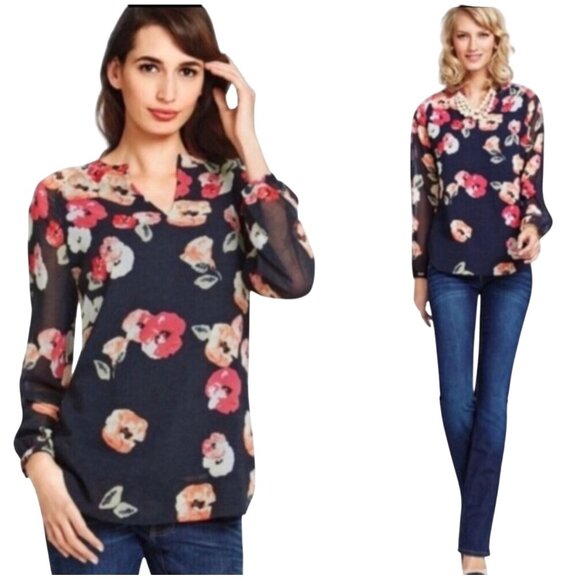CAbi Tops - CAbi Poppy Blouse Medium* Tunic Top Navy Pink Floral Sheer lined Long Sleeve